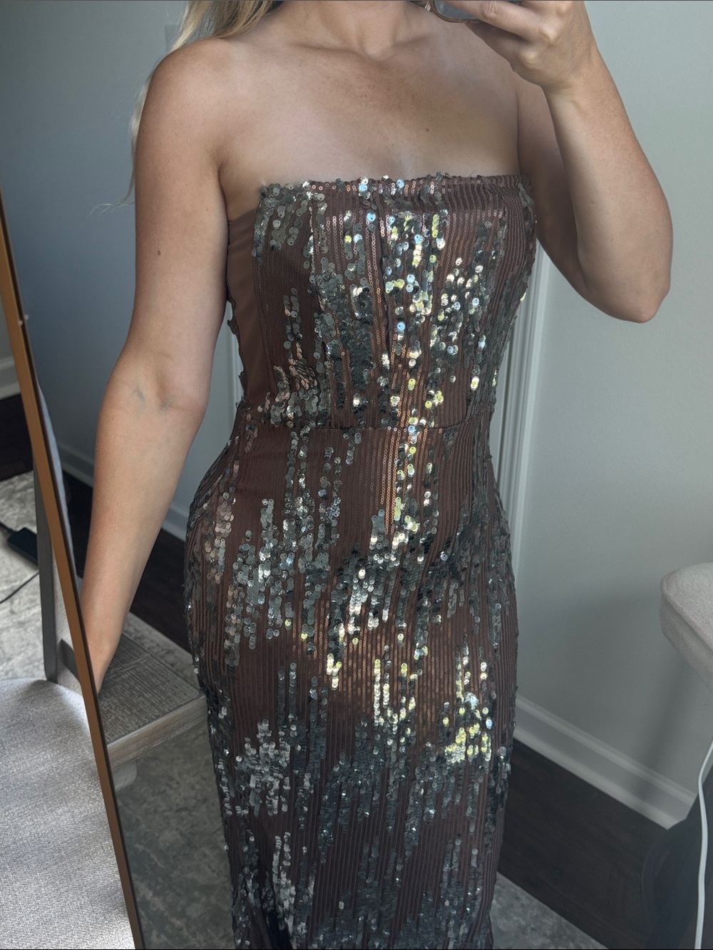 Strapless Sequin Evening Gown in Brown Silver - Picture 1 of 9